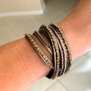 Metallic genuine leather double wrap leather bracelet